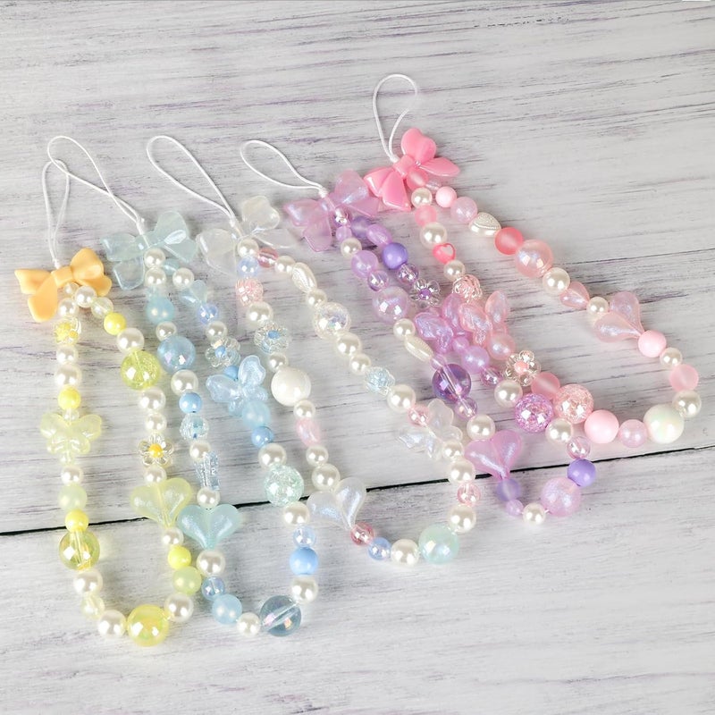 LUVI Beaded Phone Charm Lanyard Wrist Strap Love Heart Bow Beads Butterfly Chain Flower String Pearl Bling Bracelet Keychain Cute Fashion for Women - Image 5